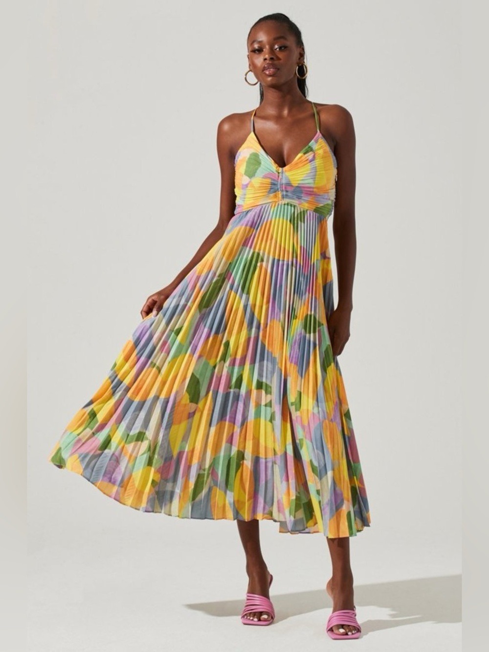 Astr Multicolor Pleated Midi Dress in Yellow, Green, Purple, Pink